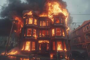 fire in the house. the burning house is being extinguished by firefighters with hoses photo