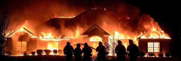 Brave firefighters are heroically combatting a blazing inferno during the dark night hours photo