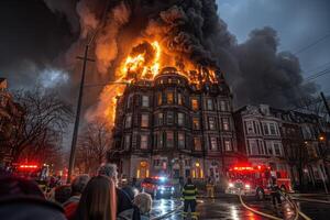 Brave firefighters are heroically combatting a blazing inferno during the dark night hours photo