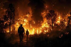 Brave firefighters are heroically combatting a blazing inferno during the dark night hours photo