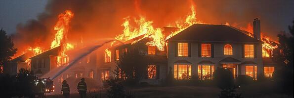 Brave firefighters are heroically combatting a blazing inferno during the dark night hours photo