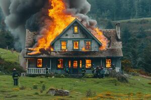 fire in the house. the burning house is being extinguished by firefighters with hoses photo