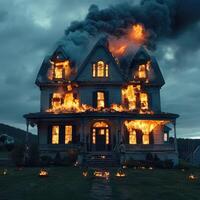 A Victorian House is currently engulfed in flames, surrounded by dark and stormy skies photo