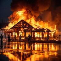 Brave firefighters are heroically combatting a blazing inferno during the dark night hours photo