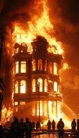 Brave firefighters are heroically combatting a blazing inferno during the dark night hours photo