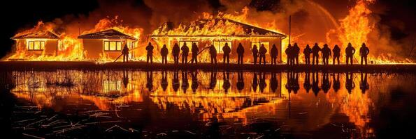 Brave firefighters are heroically combatting a blazing inferno during the dark night hours photo