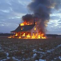 fire in the house. the burning house is being extinguished by firefighters with hoses photo
