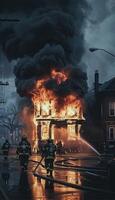 Brave firefighters are heroically combatting a blazing inferno during the dark night hours photo