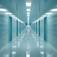 A person dressed in a pristine white suit is walking down a hallway photo