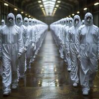 Individuals in white protective suits and masks for safety photo