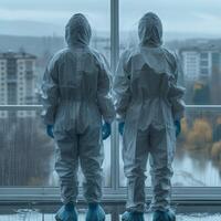 Two individuals dressed in protective suits are standing near a window photo