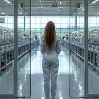 A woman is wearing a white jumpsuit while standing in a hallway photo