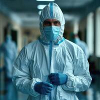A man wearing a protective suit and mask is standing inside a hallway photo