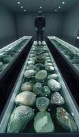 A man who is wearing a mask stands in a room that is filled with various rocks photo
