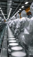 People in protective suits are working on a conveyor belt photo