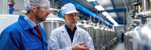 Two men stand next to each other in a factory talking photo