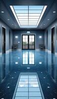 A long hallway that features a beautiful skylight on its ceiling photo