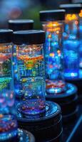 A row of small and colorful bottles that are filled with blue liquid photo