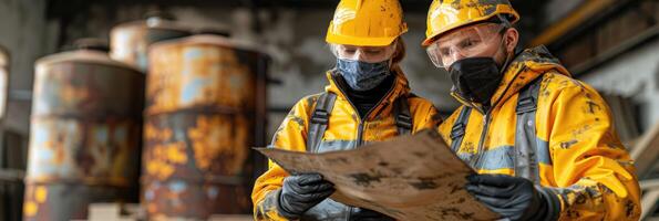 A man and a woman in hard hats and masks study a map photo