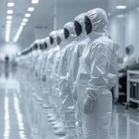 The Industry CleIndustrial laboratories employ skilled workers dressed in modern protective suits.anroom features skilled Workers clad in stateoftheart Protective Suits, photo