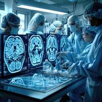 A team of skilled surgeons is examining detailed images of a brain photo