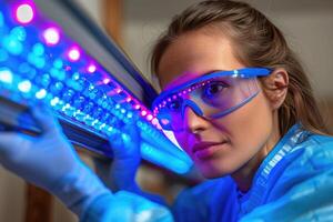 A woman who is wearing safety goggles is intently looking at a keyboard photo