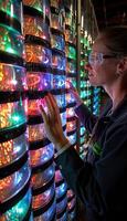 A woman in safety goggles touches a colorful light wall photo