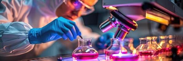 A scientist involved in the process of conducting experiments in a laboratory setting using a microscope photo