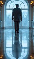 A man, dressed in a neat suit, is walking down the long hallway photo