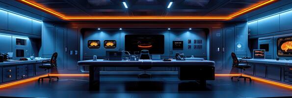 A 3D rendering of a futuristic control room with table and chairs photo