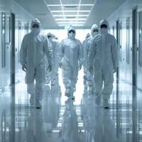 A group in protective suits is walking down a long hallway photo