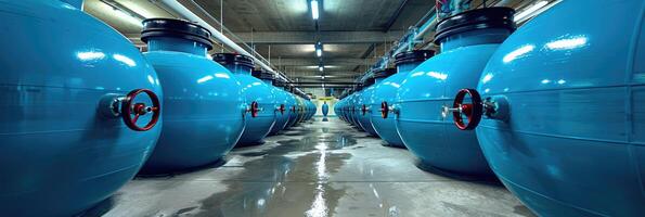 A row of blue tanks with red handles is located in a warehouse photo
