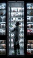 A man in a lab coat stands before a fridge full of jars photo