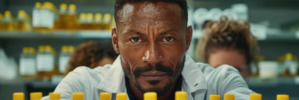 A man wearing a lab coat is sweating profusely and staring at the camera photo