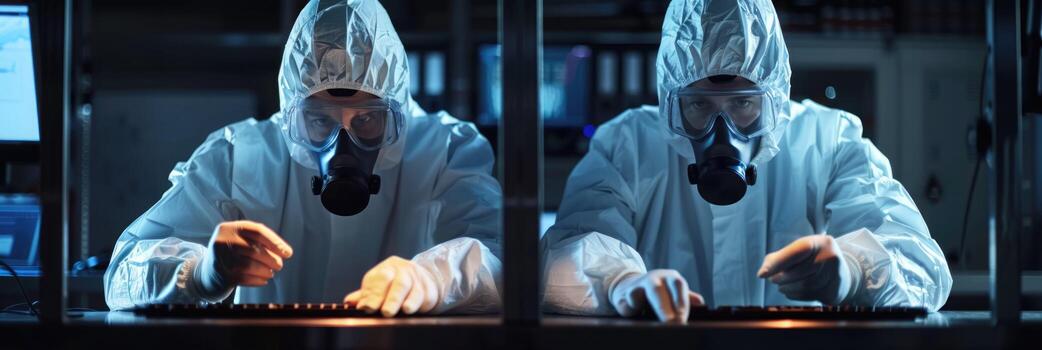 Two men in protective suits and gas masks are at a computer photo