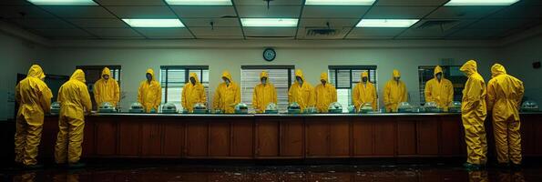 People in yellow suits stand in front of a counter photo