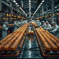 A bustling factory filled with countless bright oranges on a conveyor belt photo