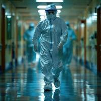 A man dressed in a protective suit is walking slowly down a hallway photo