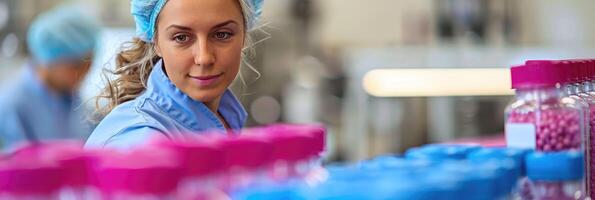 A woman is standing in front of a moving conveyor belt inside a factory photo
