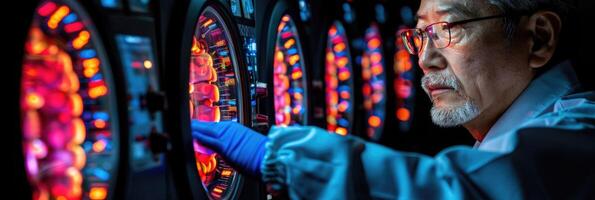 A man wearing a lab coat is diligently working on an intricate machine photo