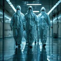 Three individuals dressed in protective suits are walking down a long hallway photo