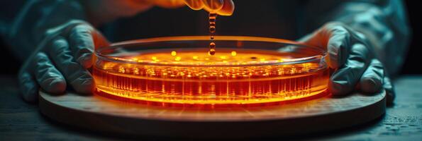 A person is carefully pouring a liquid substance into a petri dish photo