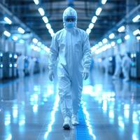A man clad in a protective suit is walking through a large factory photo