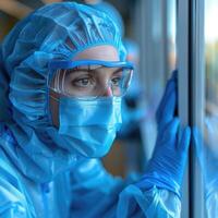 A woman is wearing a protective mask and goggles while looking out a window photo