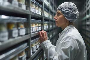 A man in a lab coat stands before a fridge full of jars photo