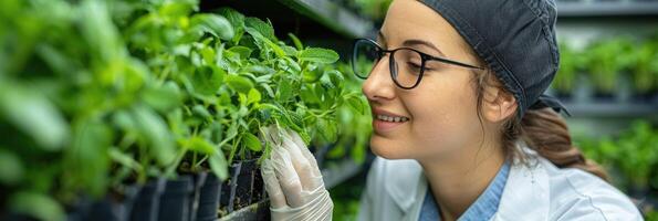 A woman in a lab coat is observing a plant in a greenhouse photo