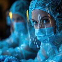 A woman is wearing a protective mask and goggles while looking out a window photo