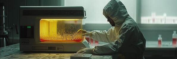 A man in a suit works on a machine in a laboratory photo