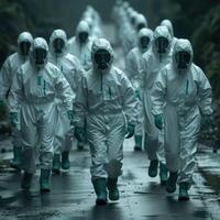 A group of individuals wearing protective suits is walking down a street photo