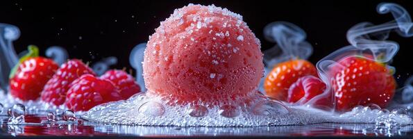 A delightful ball of sugar is surrounded by fresh raspberries and strawberries photo